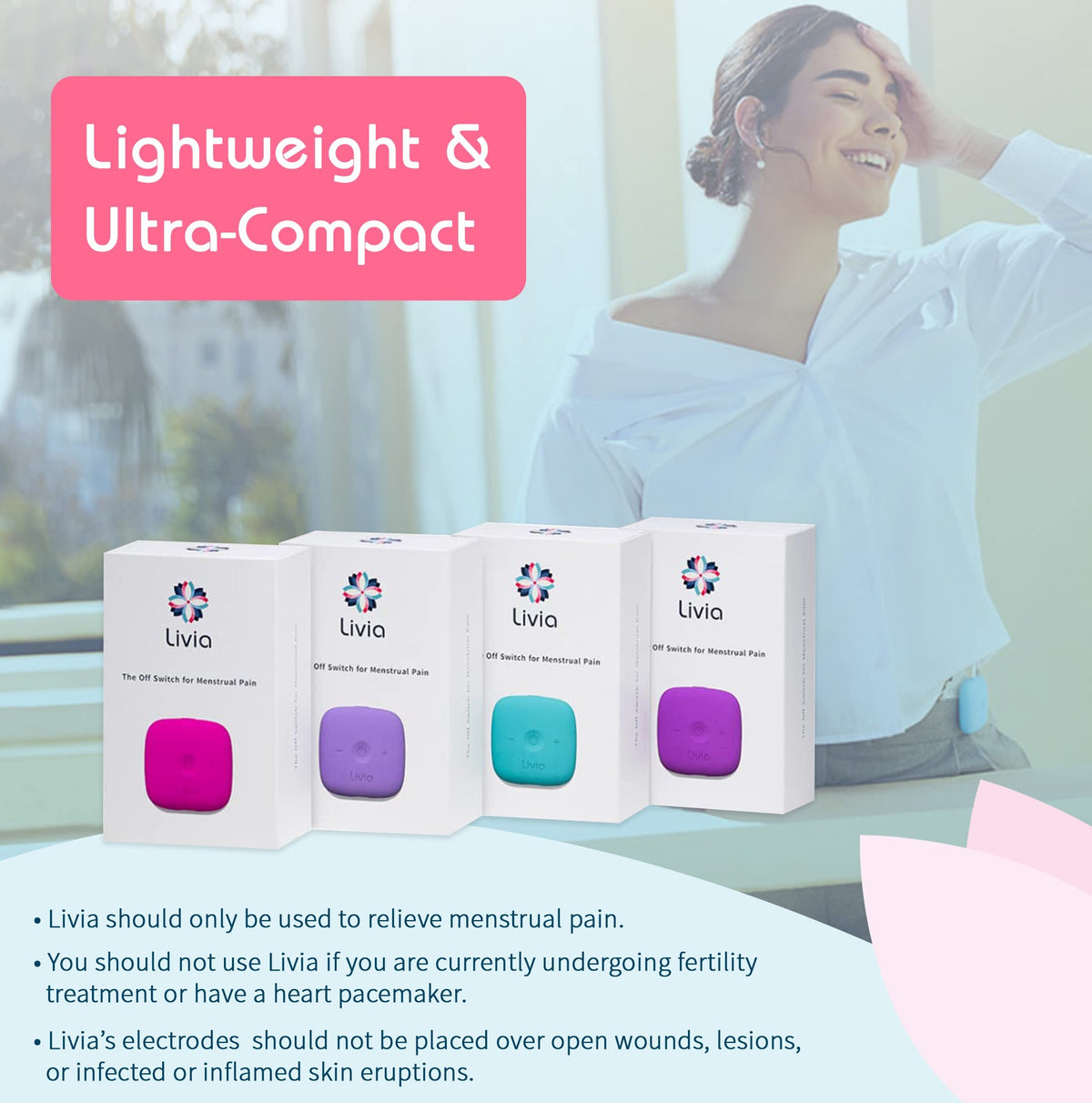 Livia Menstrual Pain Relief Device, Lavender - The Off Switch for Period Pain - Portable Unit with Stick-on Pads