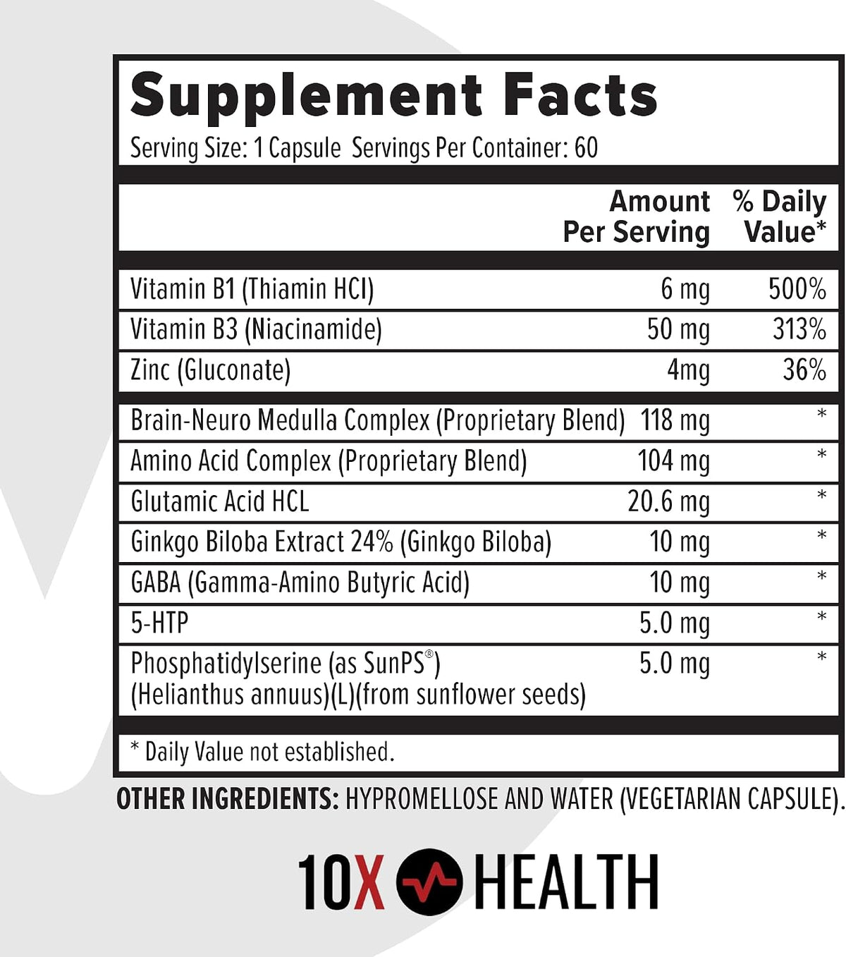 10X Health Brain Supplements for Memory and Focus - 60 Capsules - Ginkgo Biloba: Vitamin B1 & B3, Nootropic Brain & Memory Support, 60 Capsules