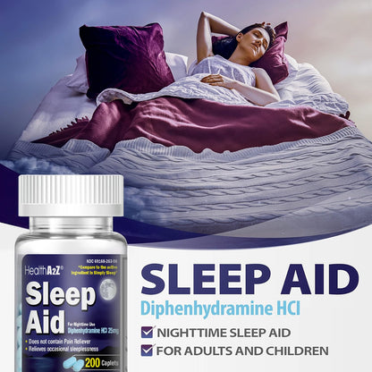 HealthA2Z® Sleep Aid, Diphenhydramine HCl 25mg, Regular Strength 200 Caplets