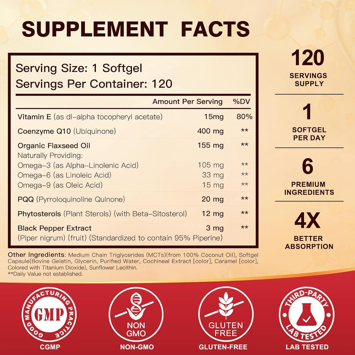 DRFOSTER CoQ10 400mg Softgels, PQQ, MCT & Omega 3-6-9, 120 Days Supply - With Vitamin E & Plant Sterols, Black Pepper, High Absorption, Gluten-Free, Allergen-Free, Brain & Energy, Co Q 10 Supplement