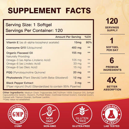 DRFOSTER CoQ10 400mg Softgels, PQQ, MCT & Omega 3-6-9, 120 Days Supply - With Vitamin E & Plant Sterols, Black Pepper, High Absorption, Gluten-Free, Allergen-Free, Brain & Energy, Co Q 10 Supplement