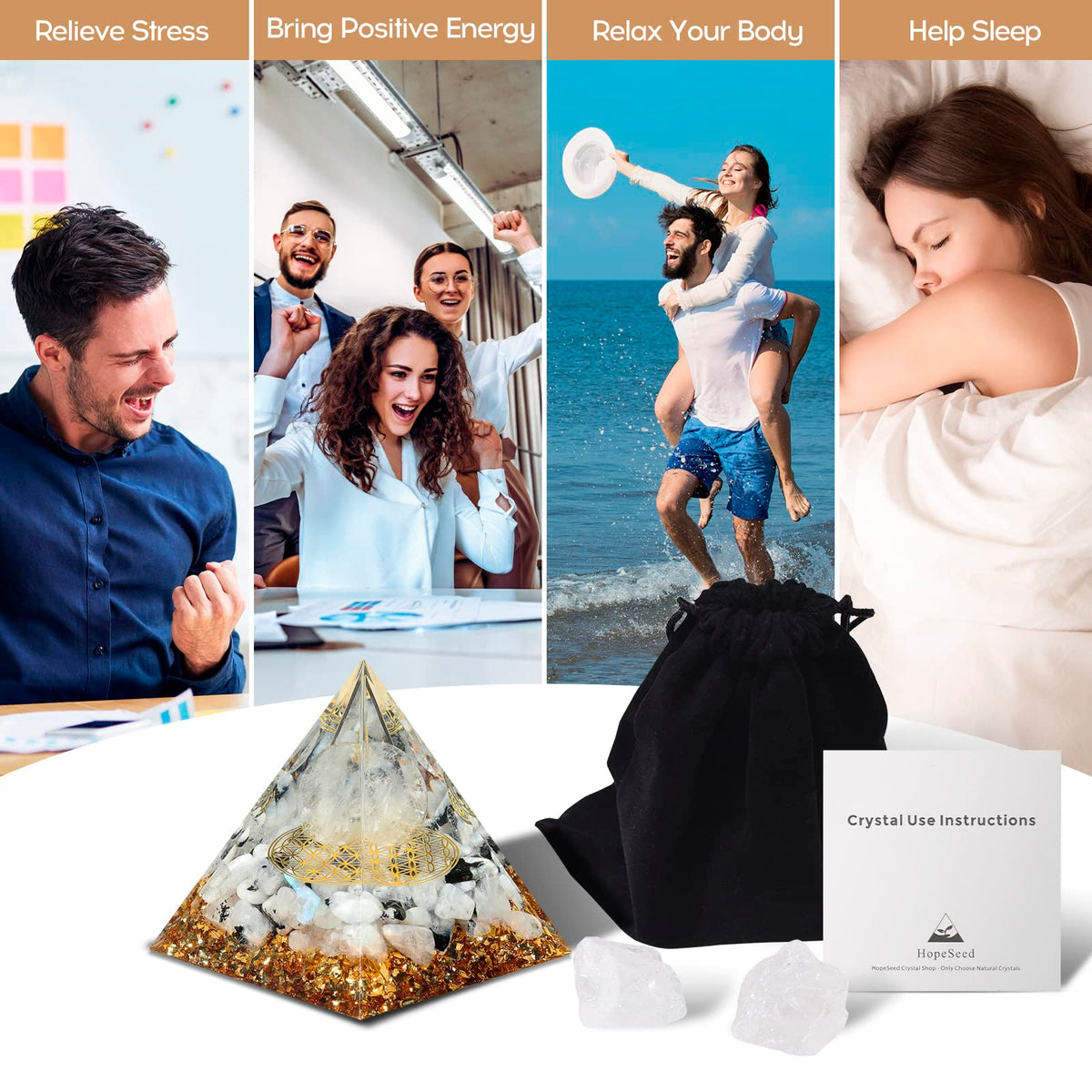 Hopeseed Orgone Pyramid for Positive Energy, Orgonite Rainbow Moonstone&White Crystal