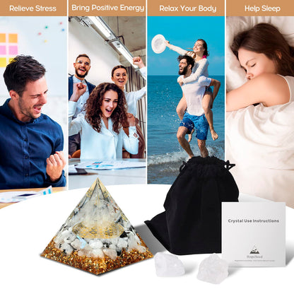 Hopeseed Orgone Pyramid for Positive Energy, Orgonite Rainbow Moonstone&White Crystal