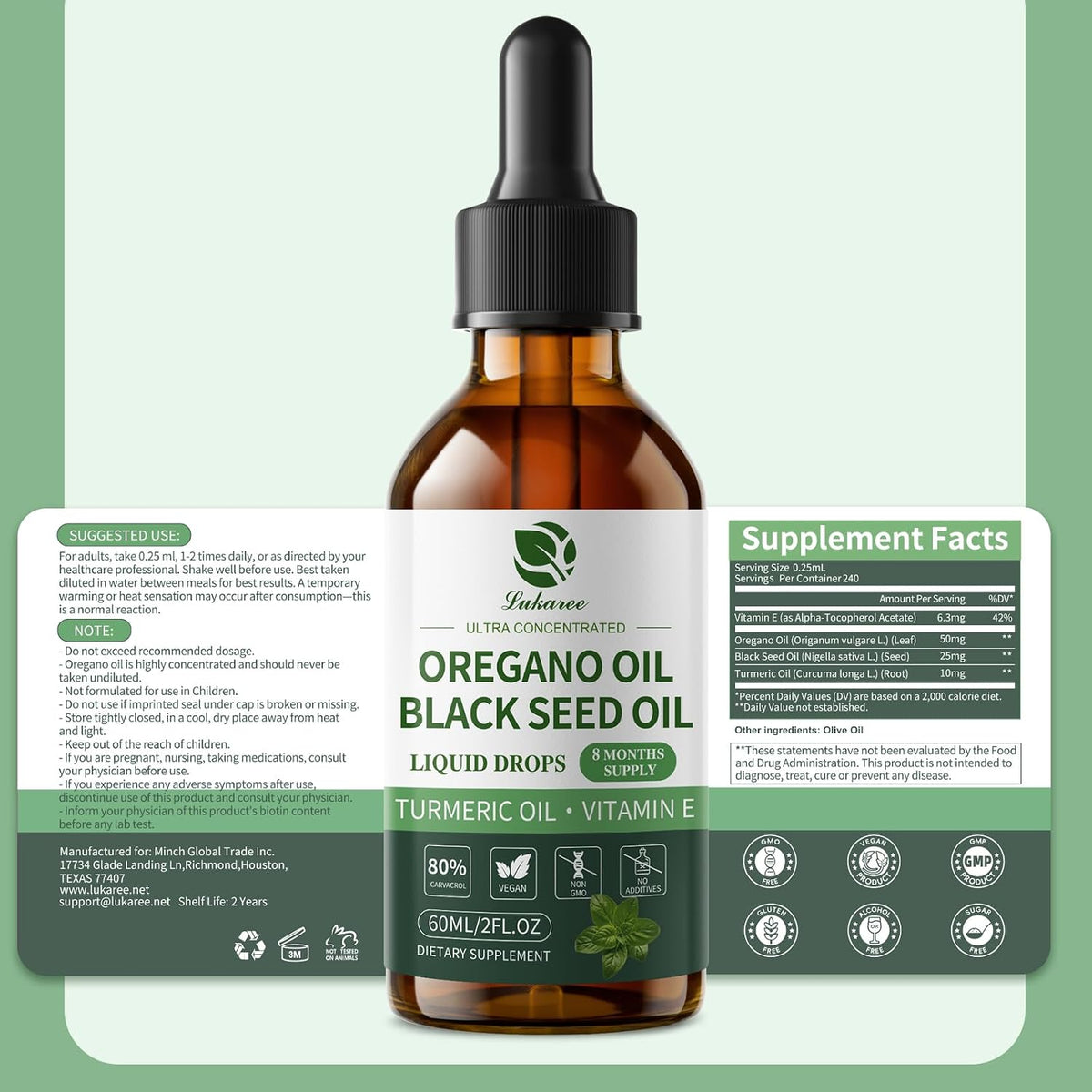 Oil of Oregano Drops with Black Seed Oil, 80% Carvacrol, 8 Month Supply - Immune, Digestive, Detox & Natural Cleanse for Humans*, Undiluted Oregano Oil with Turmeric Oil, Vitamin E & Olive Oil Based
