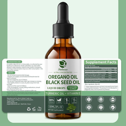 Oil of Oregano Drops with Black Seed Oil, 80% Carvacrol, 8 Month Supply - Immune, Digestive, Detox & Natural Cleanse for Humans*, Undiluted Oregano Oil with Turmeric Oil, Vitamin E & Olive Oil Based