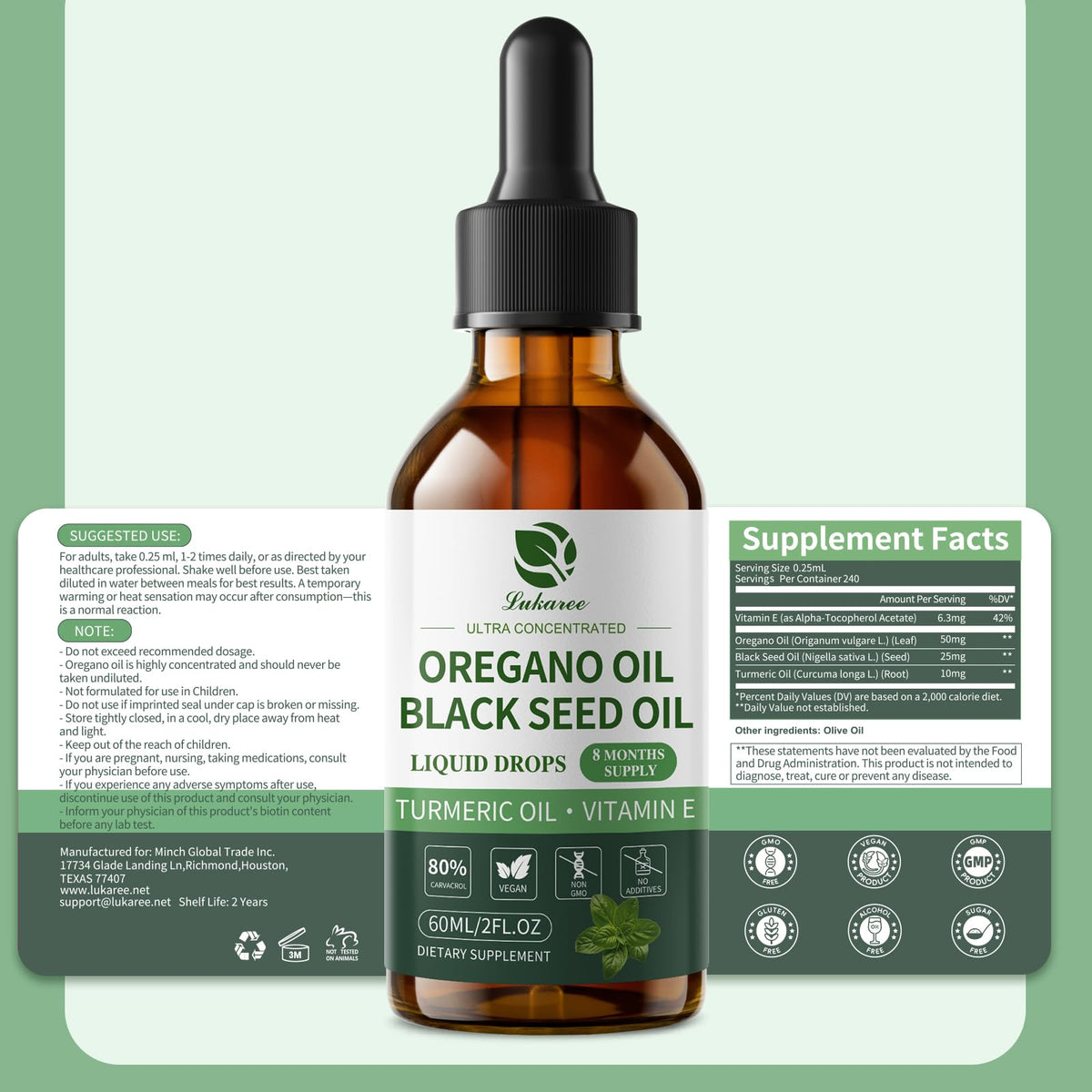 Oil of Oregano Drops with Black Seed Oil, 80% Carvacrol, 8 Month Supply - Immune, Digestive, Detox & Natural Cleanse for Humans*, Undiluted Oregano Oil with Turmeric Oil, Vitamin E & Olive Oil Based