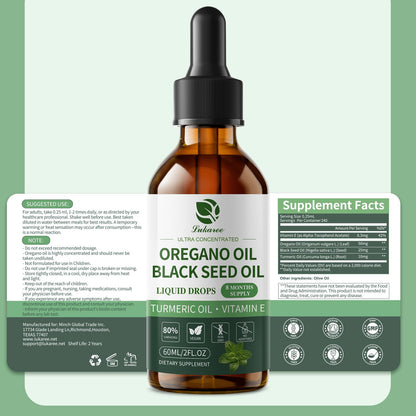 Oil of Oregano Drops with Black Seed Oil, 80% Carvacrol, 8 Month Supply - Immune, Digestive, Detox & Natural Cleanse for Humans*, Undiluted Oregano Oil with Turmeric Oil, Vitamin E & Olive Oil Based