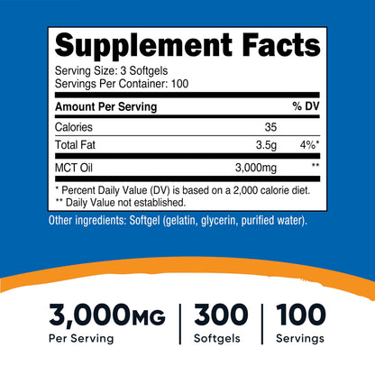 Nutricost MCT Oil Softgels 1000mg, 300 SFG (3,000mg Serv)
