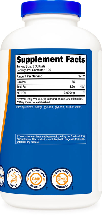 Nutricost MCT Oil Softgels 1000mg, 300 SFG (3,000mg Serv)