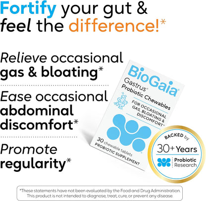 BioGaia Gastrus L reuteri Probiotic - 35 Years of Clinical Gut Research - L reuteri 6475 + 17938 Probiotics - Ease Gut Discomfort, Gas & Bloating - Promotes a Healthy Gut & Microbiome - 30 Chewables