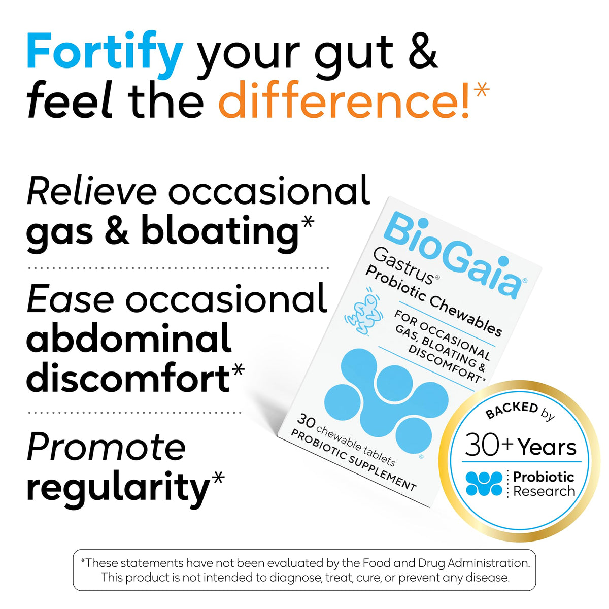 BioGaia Gastrus L reuteri Probiotic - 35 Years of Clinical Gut Research - L reuteri 6475 + 17938 Probiotics - Ease Gut Discomfort, Gas & Bloating - Promotes a Healthy Gut & Microbiome - 30 Chewables