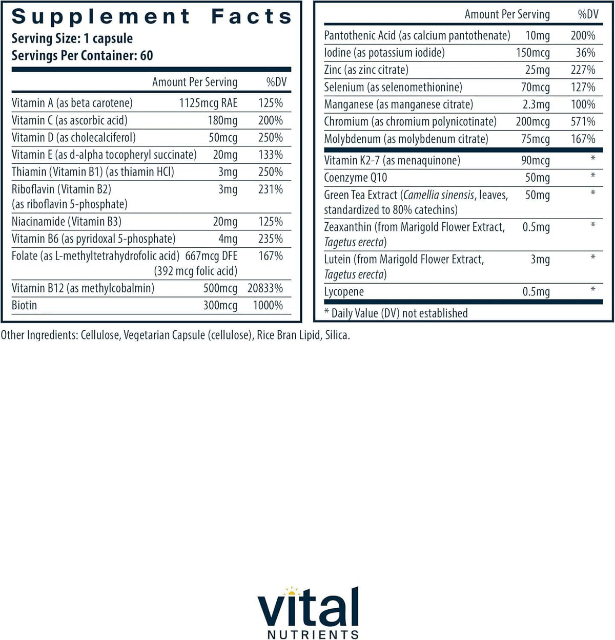 Vital Nutrients Once Daily Multivitamin - Vegan Multi for Women & Men - Allergen-Free - 19 Essential Vitamins + Antioxidants for Eye and Heart Health - Gluten, Dairy & Soy-Free - 60 Capsules