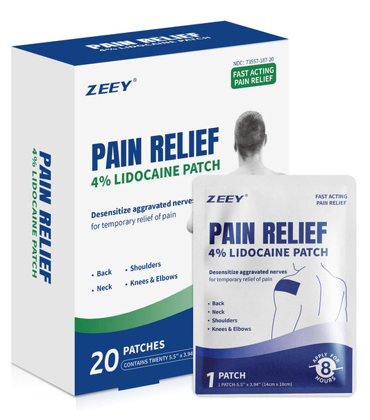 ZEEY 4% Lidocaine Pain Relief Patches, Maximum Strength OTC, for Back, Knee, Neck, Shoulders, Joints, Muscle Soreness, Fast Acting, Topical Anesthetic, Large Gel Patch, 5.5" x 3.94", 20Ct