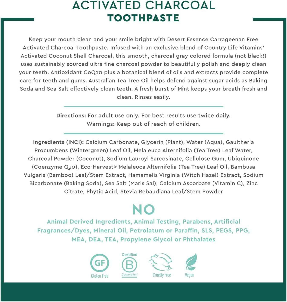 Desert Essence Activated Charcoal Toothpaste, Fluoride Free, 6.25 oz
