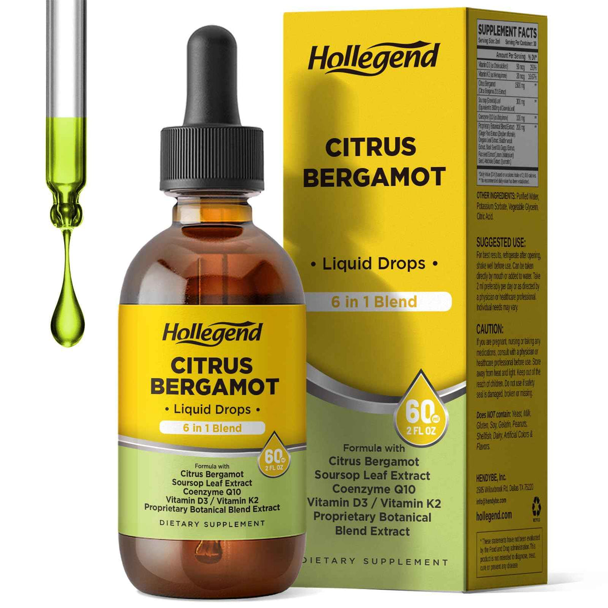 HOLLEGEND Citrus Bergamot Liquid Drops, Organic Citrus Bergamot 1000mg Supplement, Plus Soursop, CoQ10, Vitamin D3, K2