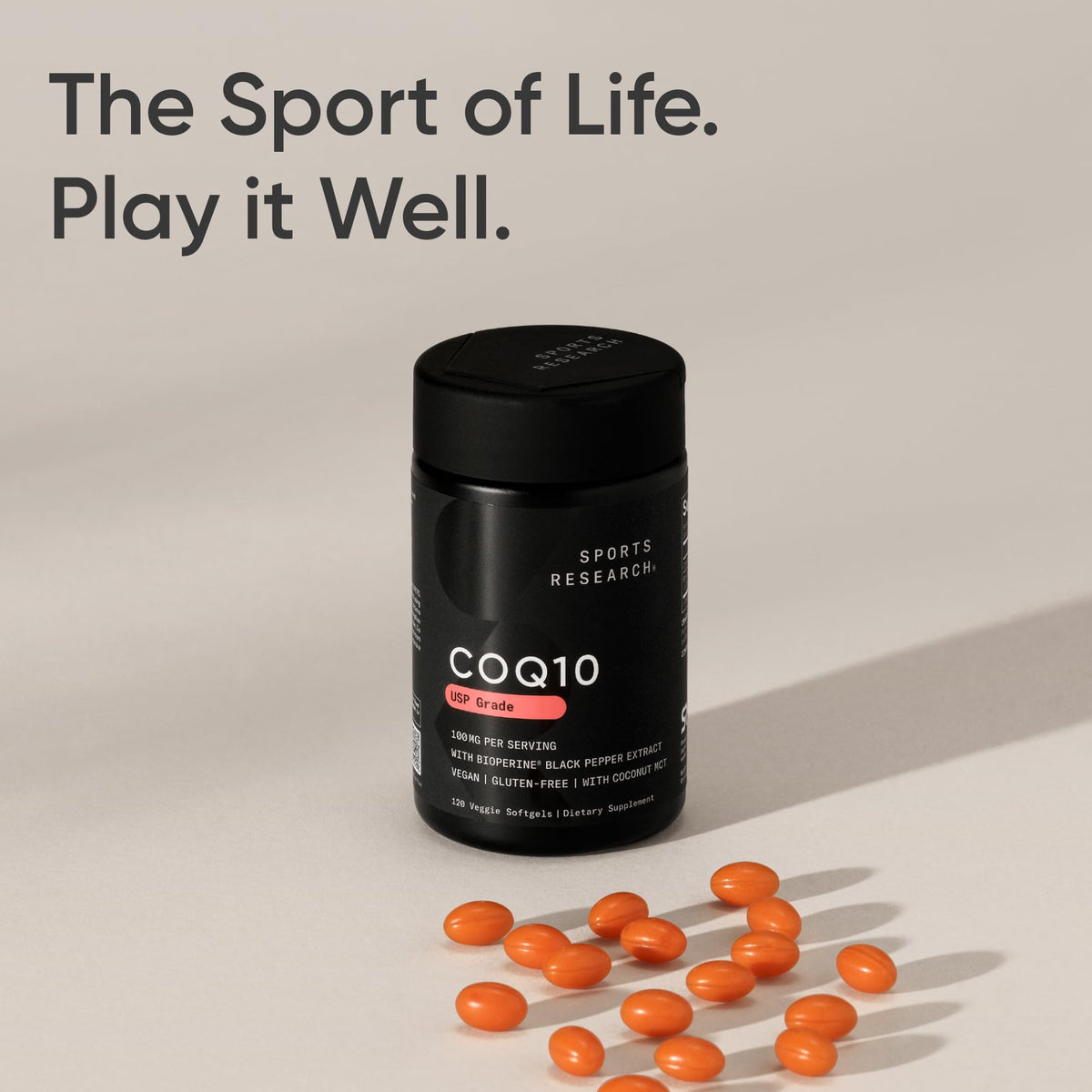 Sports Research CoQ10 (100mg) Enhanced w/Coconut Oil & Bioperine (Black Pepper) for Better Absorption - Vegan Certified, Non-GMO Verified (120 Veggie Softgels)