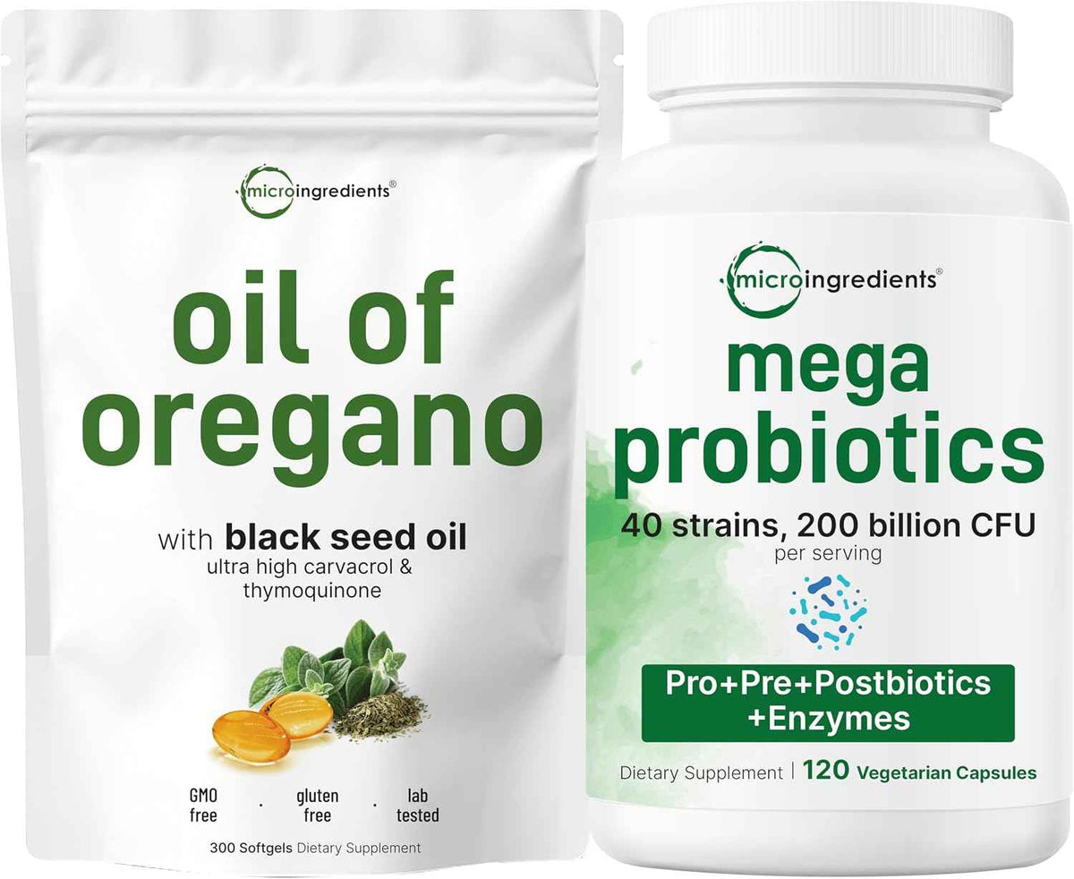 Micro Ingredients Oil of Oregano Softgels & Mega Probiotics 200 Billion CFU Veggie Capsules - 2 Pack Bundle - 4X Strength Thymoquinone + Black Seed - 40 Strains + Inulin, Acacia,& Bromelain