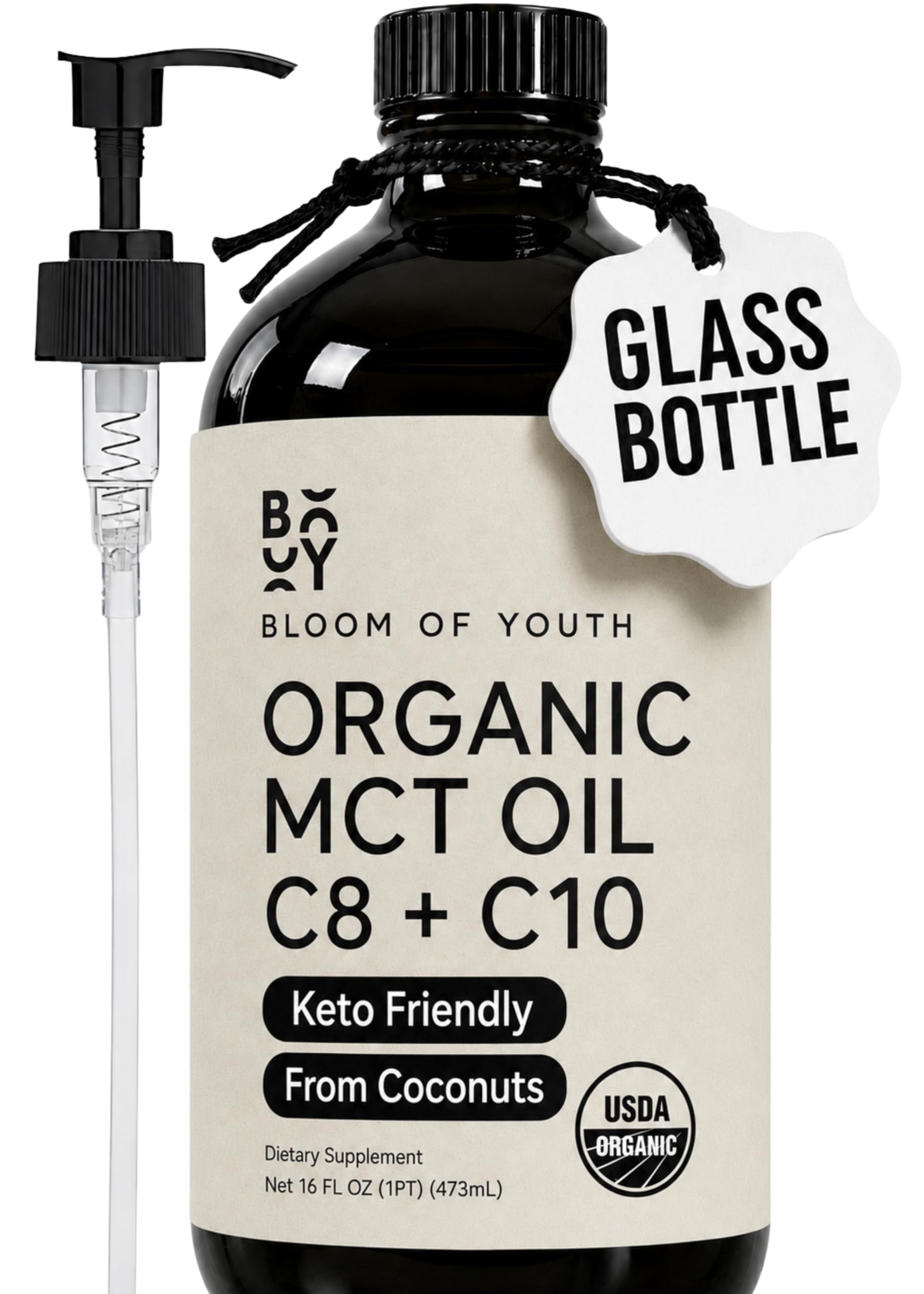 Bloom of Youth Pure MCT oil C8 + C10 | Glass Bottle 16oz - From 100% Organic Coconuts USDA Organic - Lab Tested for Quality and Purity - Keto Supplement for Brain & Body | Add to Coffee or Shakes