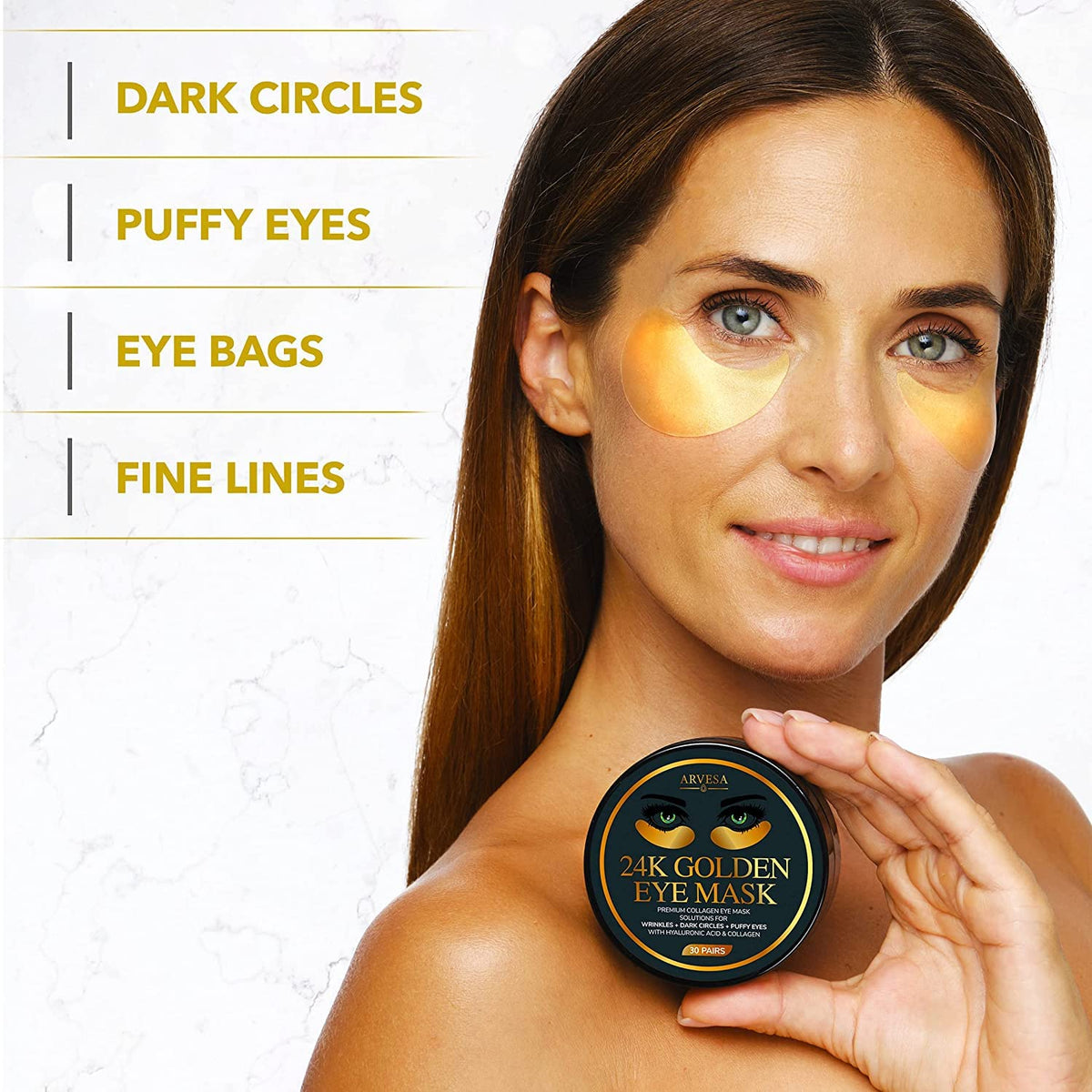 Arvesa 24K Gold Under Eye Mask Patches – Dark Circles, Puffiness & Wrinkle Treatment (30 Pairs)