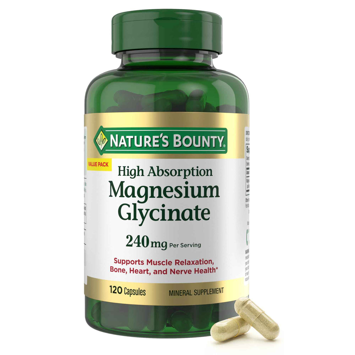 Nature’s Bounty High Absorption Magnesium Glycinate 240 mg for Supporting Muscle Relaxation and Bone, Heart & Nerve Health - Non-GMO, Gluten-Free, Vegetarian, 120 Count/60 Servings