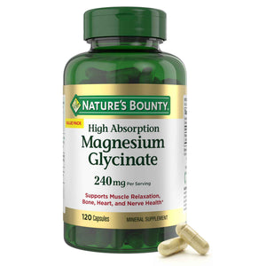 Nature’s Bounty High Absorption Magnesium Glycinate 240 mg for Supporting Muscle Relaxation and Bone, Heart & Nerve Health - Non-GMO, Gluten-Free, Vegetarian, 120 Count/60 Servings