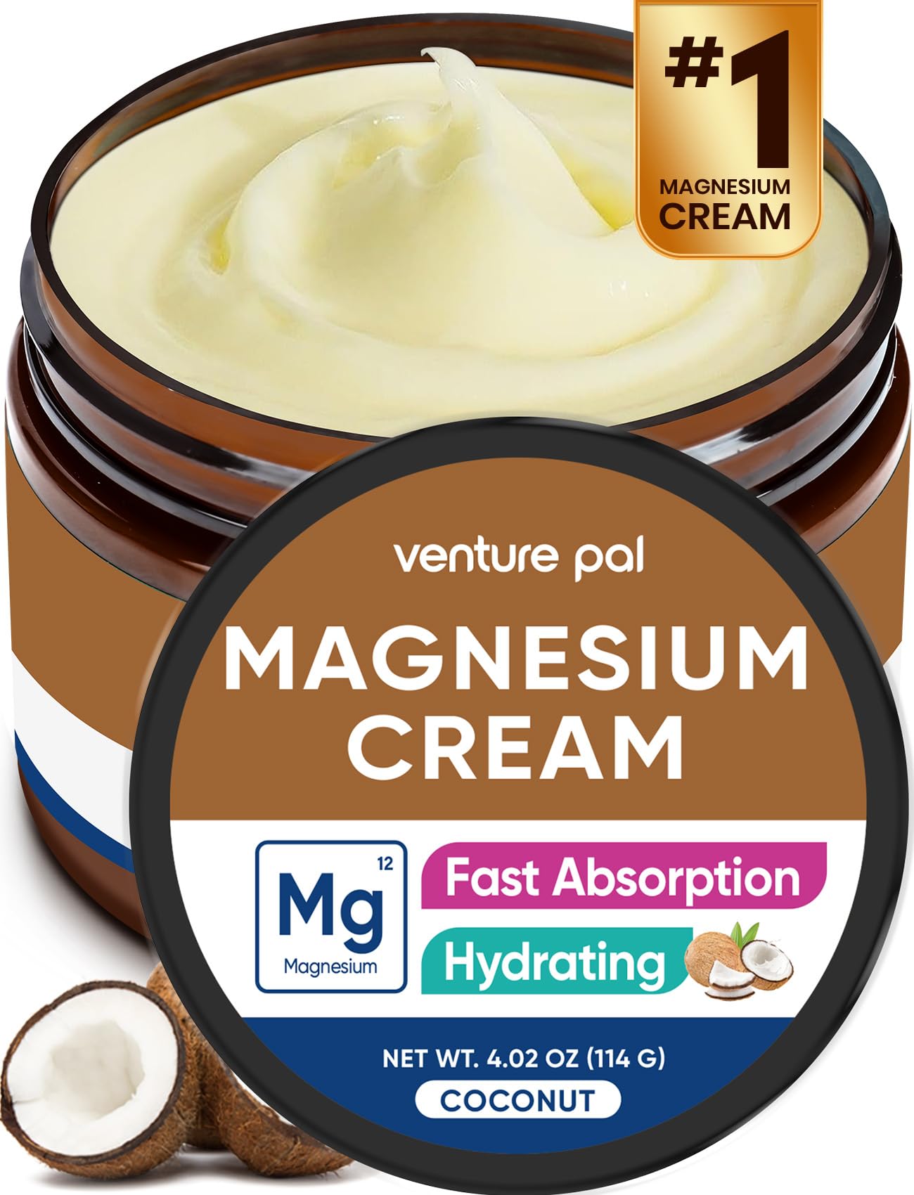 Venture Pal Topical Magnesium Cream, Highly Concentrated Magnesium Lotion - Fast-Absorbing Magnesium Moisturizing Cream with Coconut Oil, Shea Butter & Hyaluronic Acid; Suitable for Kids