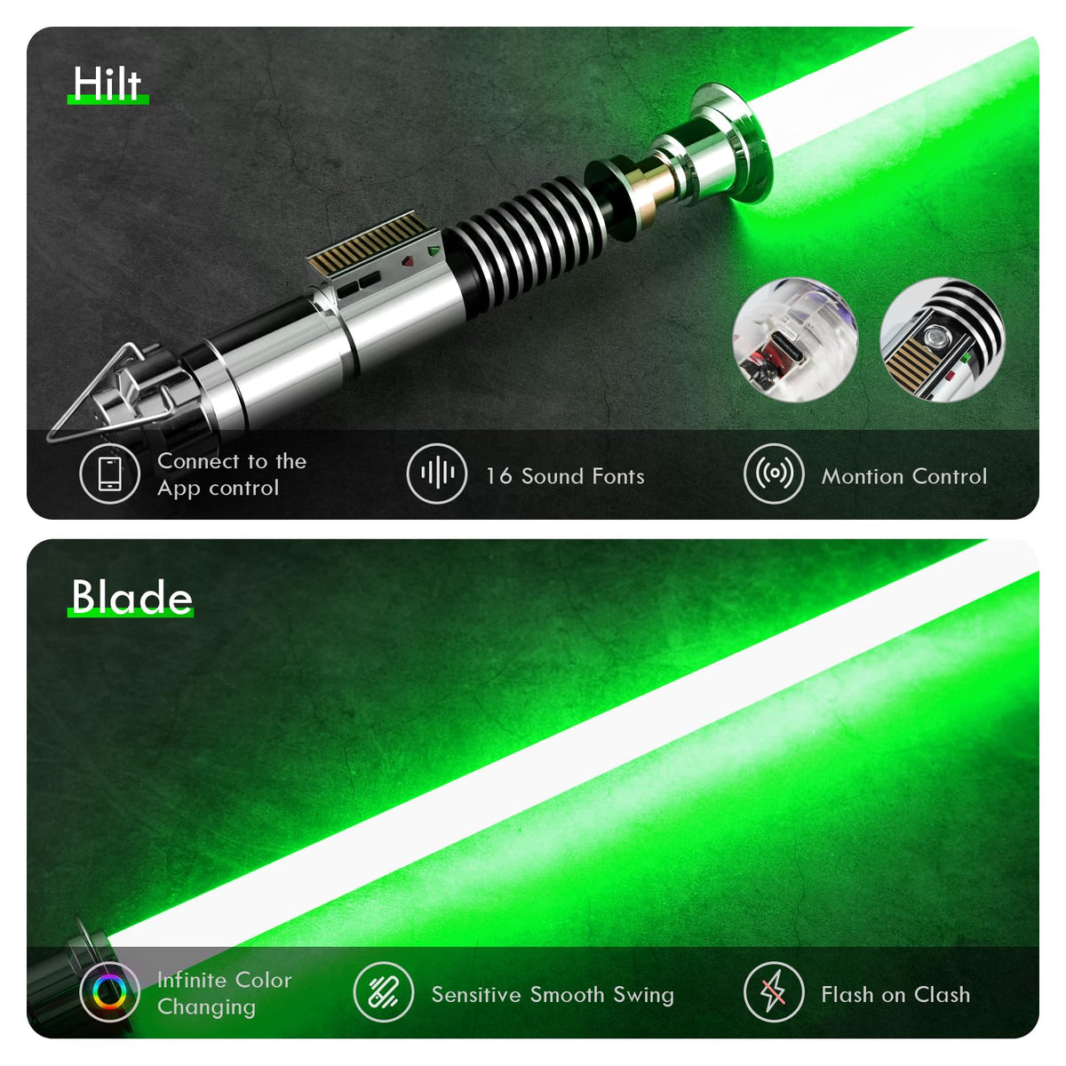 Upgrade XRGB3.0 Smooth Swing Motion Control Light Saber, 16 Sound Fonts Light Saber, Infinite Color Changing Rechargeable, Metal Hilt, Support Heavy Dueling Luke V2 Light Sabers with Stand Toy Tool