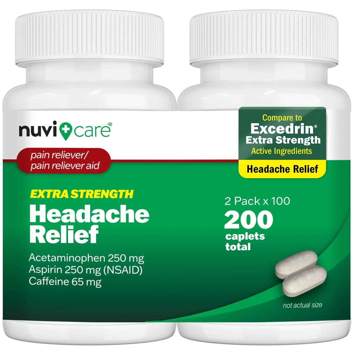 NUVICARE Headache Relief with Acetaminophen 250 mg, Aspirin (NSAID) 250 mg, Caffeine 65 mg - Temporary Relief of Minor Aches & Pains - Compare to Excedrin Extra Strength Pain Reliever (2 Pack)
