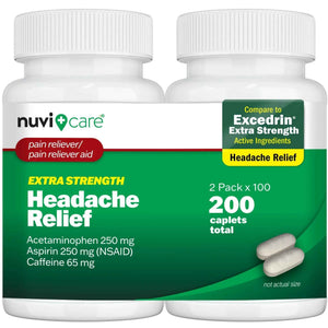 NUVICARE Headache Relief with Acetaminophen 250 mg, Aspirin (NSAID) 250 mg, Caffeine 65 mg - Temporary Relief of Minor Aches & Pains - Compare to Excedrin Extra Strength Pain Reliever (2 Pack)
