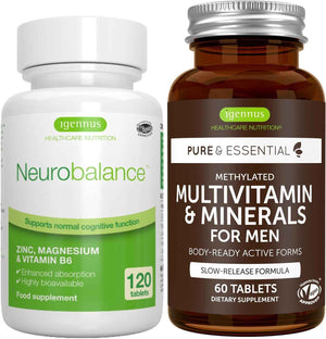 Neurobalance + Multivitamin & Minerals for Men Vegan Bundle, High Absorption Zinc, Magnesium & B6 Supplement + Sustained Release Multivitamin by Igennus