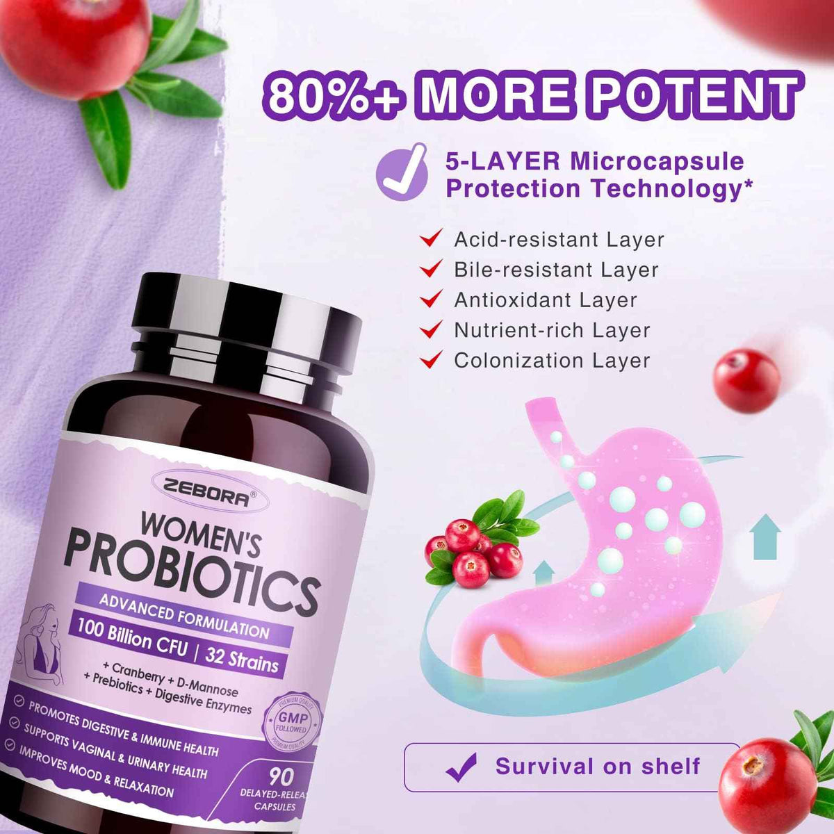 ZEBORA Probiotics for Women Digestive Health with Enzymes & Prebiotics 100 Billion CFUs - Vaginal Probiotics with D Mannose & Cranberry - Urinary Tract Health