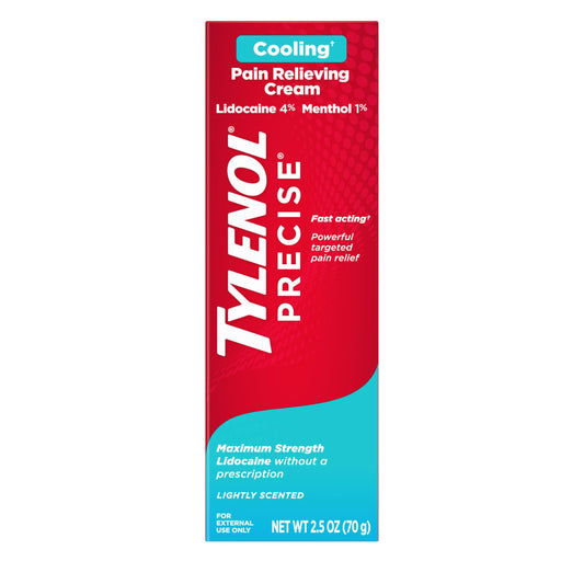 Tylenol Precise Cooling Lidocaine Cream, 4% Lidocaine & 1% Menthol, Maximum OTC Strength Pain Relief for Back, Muscle & Joint, Fast-Acting Numbing Cream, 2.5 oz