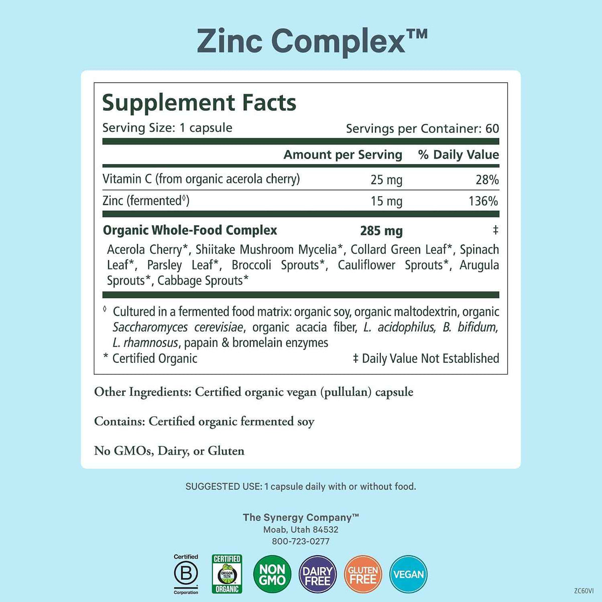 PURE SYNERGY Zinc Complex - Immune Support Supplement - Natural, Vegan Zinc Complex with Vitamin C and Organic Whole Foods - for Immune, Brain, and Skin Health (60 Capsules)