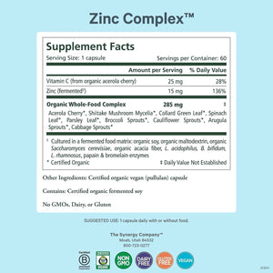 PURE SYNERGY Zinc Complex - Immune Support Supplement - Natural, Vegan Zinc Complex with Vitamin C and Organic Whole Foods - for Immune, Brain, and Skin Health (60 Capsules)