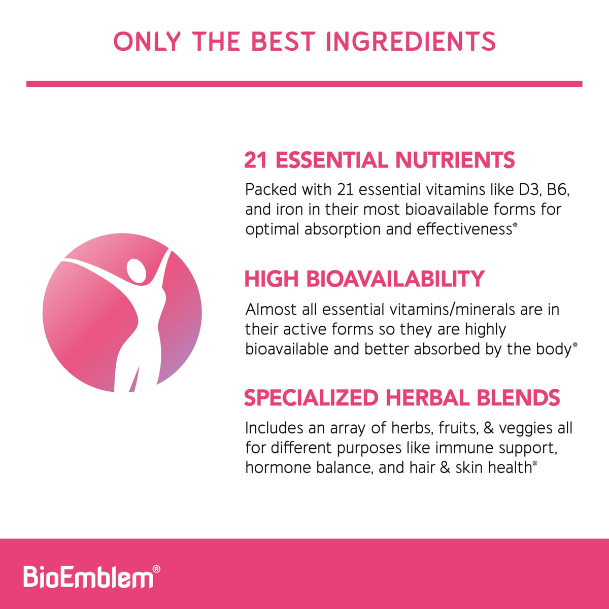 BioEmblem Women's Multivitamin - 21 Active Vitamins & Minerals - 90 Caps