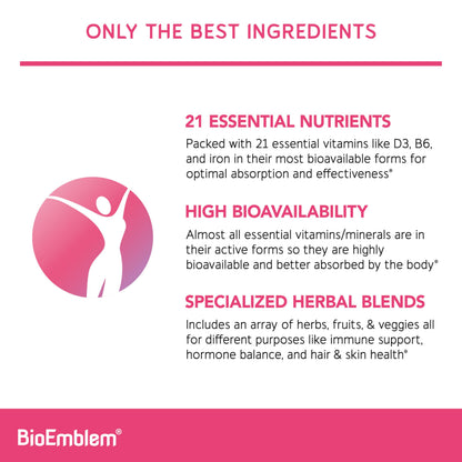 BioEmblem Women's Multivitamin - 21 Active Vitamins & Minerals - 90 Caps