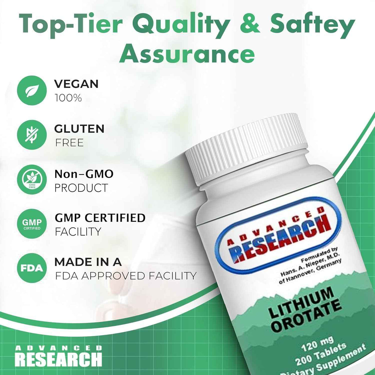 Nutrient Carriers Advance Research Lithium Orotate 120 Mg 200 Tablets(Pack of 2)