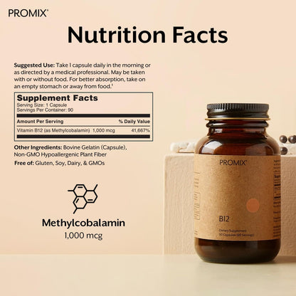 Promix Nutrition Vitamin B12 Supplement - 1000mcg as Methylcobalamin - Gut friendly - 90 count