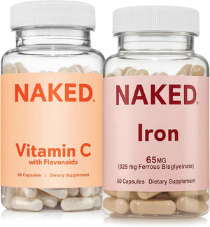 Naked Iron + Vitamin C Bundle - High-Potency Supplement for Deficiency, Energy Support, Red Blood Cell & Daily Antioxidant Immune Support - 65 mg Iron (60 Caps) + 500 mg Vitamin C (90 Caps)