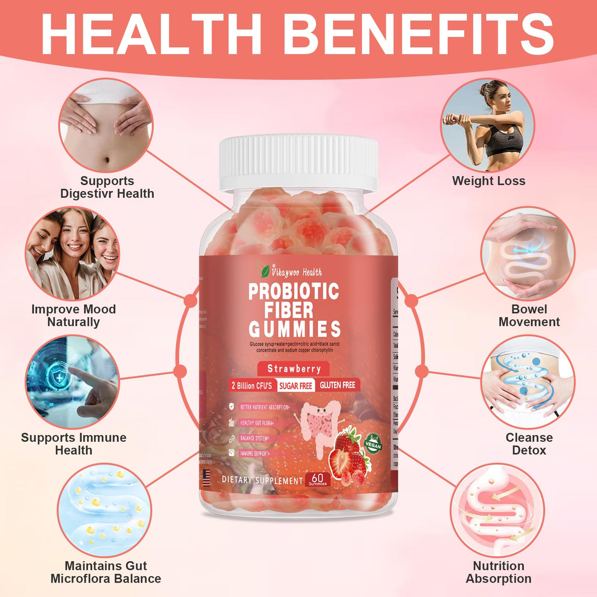 Vikaywoo Probiotic Fiber Gummies for Adults, No Sugar Added Strawberry Flavor– 2 Billion CFUs –Vitamin C,Vitamin D–Digestive Health & Regularity Support(120 Count)