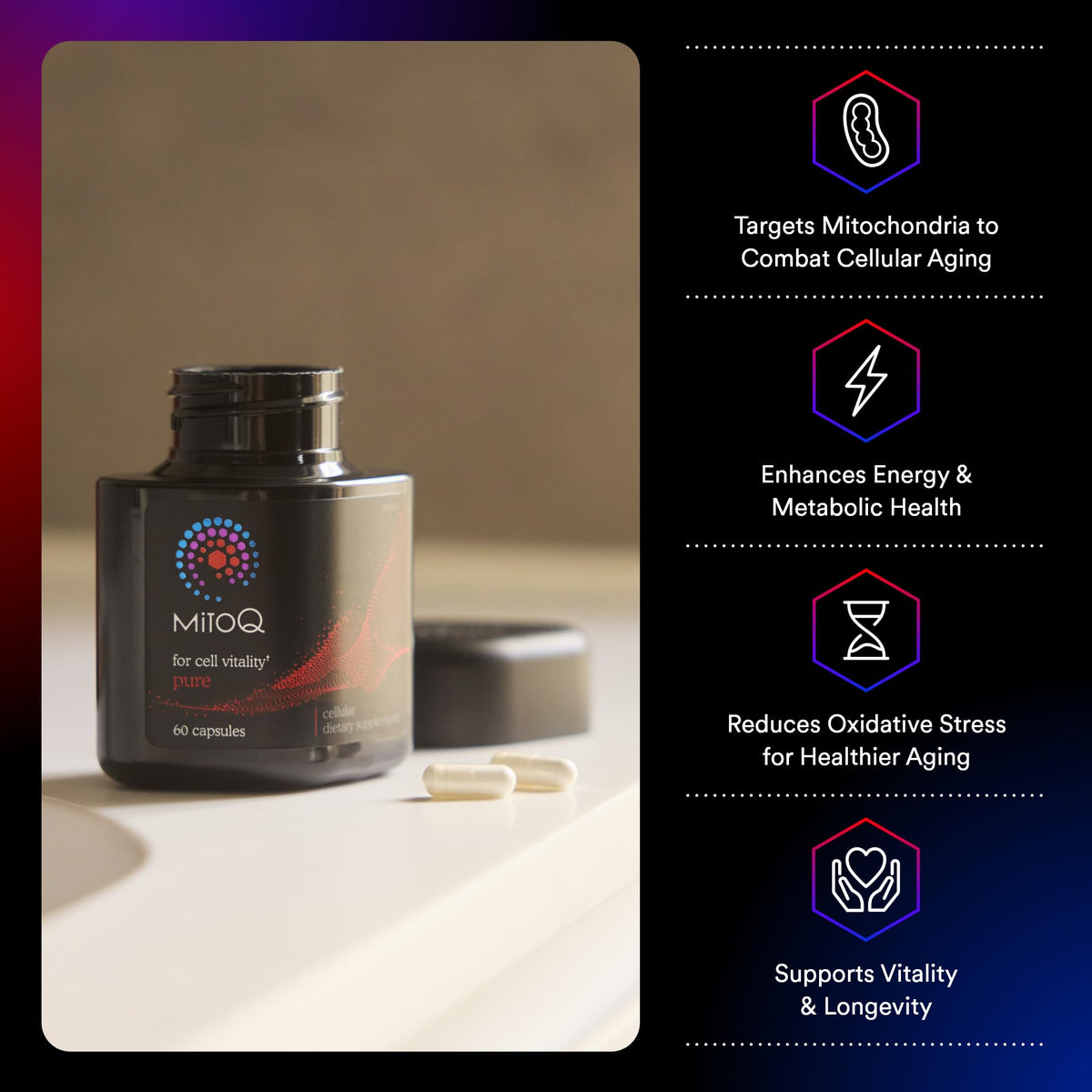 MitoQ Pure Advanced Mitochondria Supplement Superior Bioavailability to CoQ10 - Reduces Free Radical Damage for Healthy Aging, Metabolism, Heart Health, Energy, Strength & Mobility