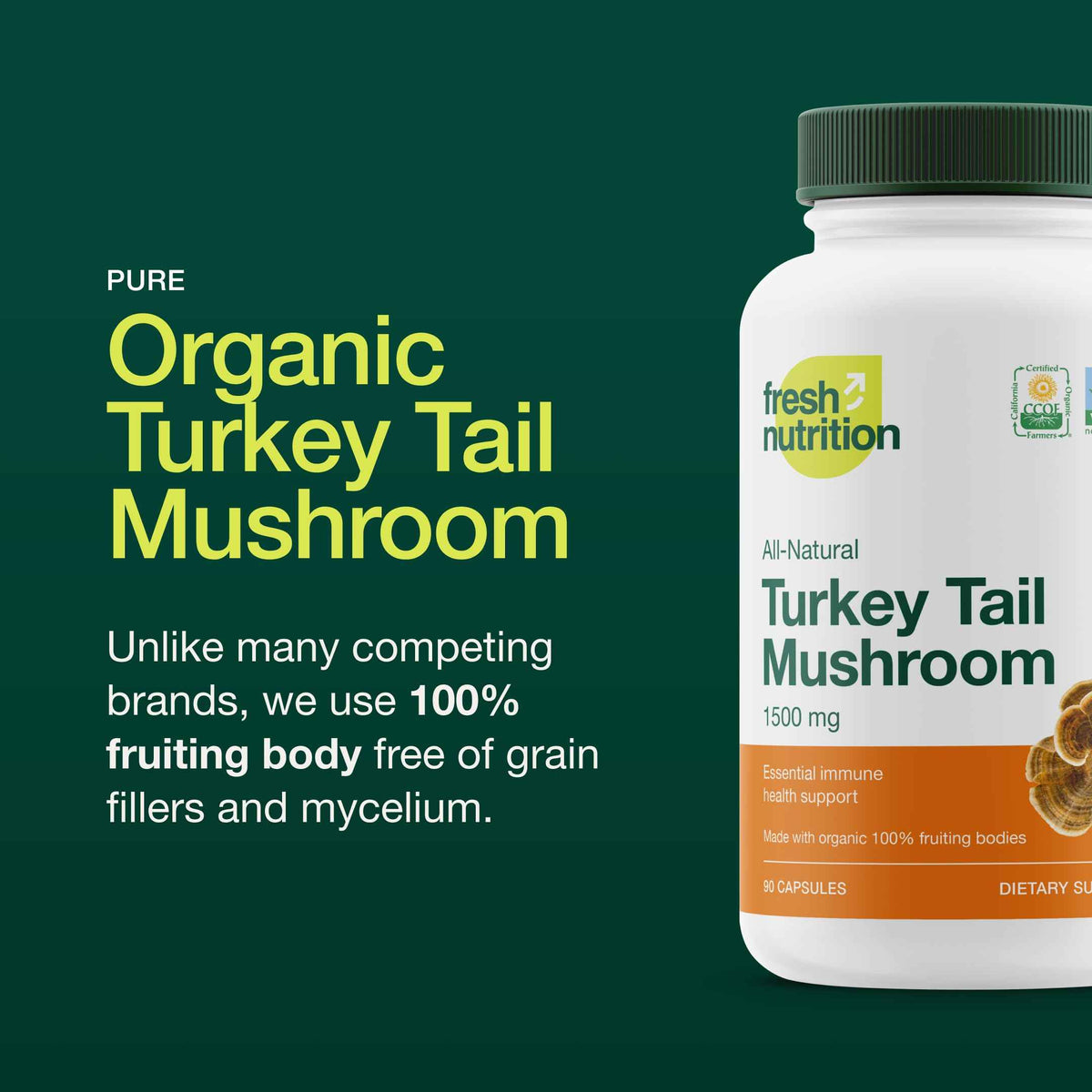 Fresh Nutrition Organic Turkey Tail Mushroom Extract Supplement - High in Beta Glucans - Non-GMO, Vegan Friendly, Gluten-Free - 90 Capsules