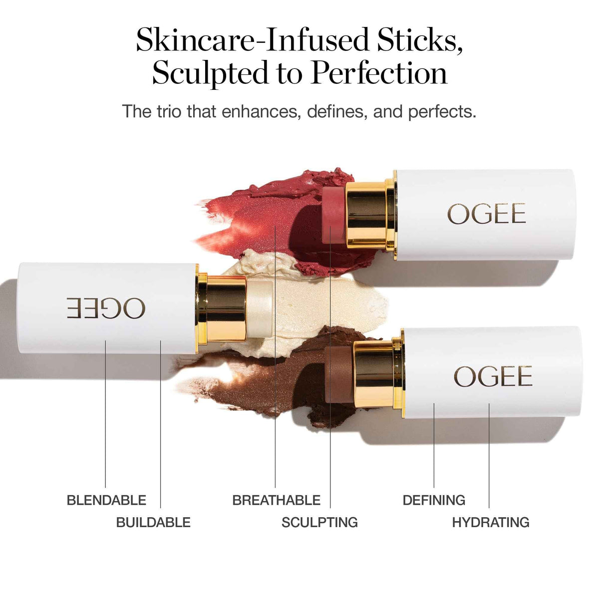 Ogee Face Stick Crystal Collection Trio - Contour Stick Makeup Collection - Certified Organic Contour Palette - Includes Bronzer Stick, Blush Stick & Highlighter Stick