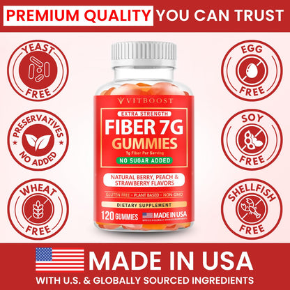 VITBOOST Prebiotic Fiber Gummies 7g – 120 Count – No Sugar Added, Vegan, Pectin-Based (No Gelatin), Non-GMO, Made in USA – Digestive & Gut Health Support