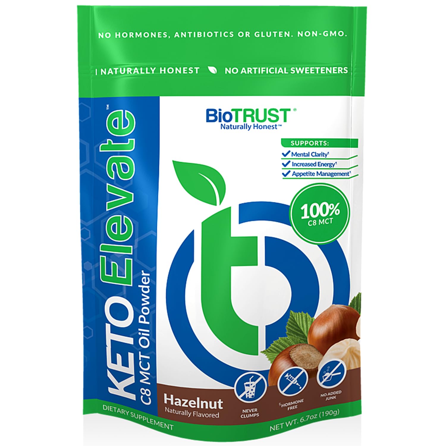 BioTrust C8 MCT Oil Powder - Keto Coffee Creamer for Clean Energy, Hazelnut