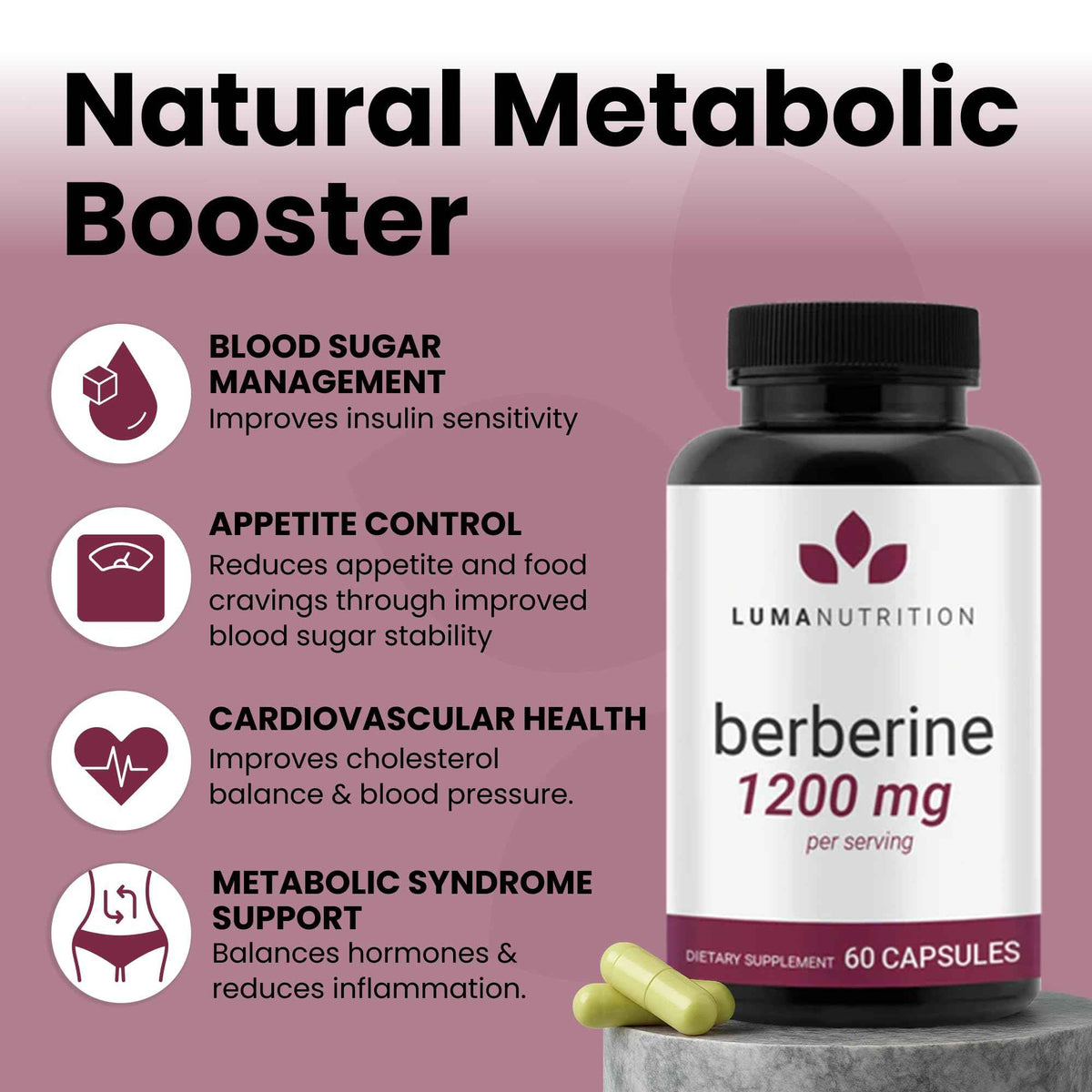 Luma Nutrition Pure Berberine Supplement - Berberina 1200mg - 60 Capsules