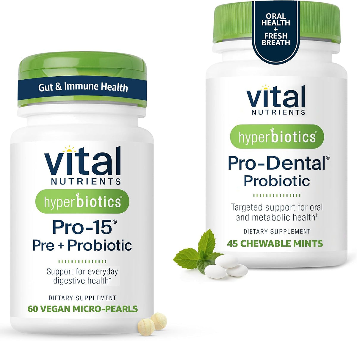 Hyperbiotics Vital Nutrients Gut & Oral Health Bundle - Pro-15 Digestive Prebiotics + Probiotics (60 Time Release Pearls) & Pro-Dental Oral Probiotics with BLIS K12 & M18 (45 Mint Tablets)