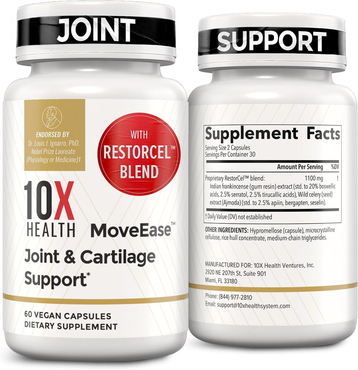 10X Health Joint Support Supplement - 60 Vegan Capsules - Cartilage Support Supplement: RestorCel Blend, Mobility Support for Knees & Hips, Vegan, 60ct