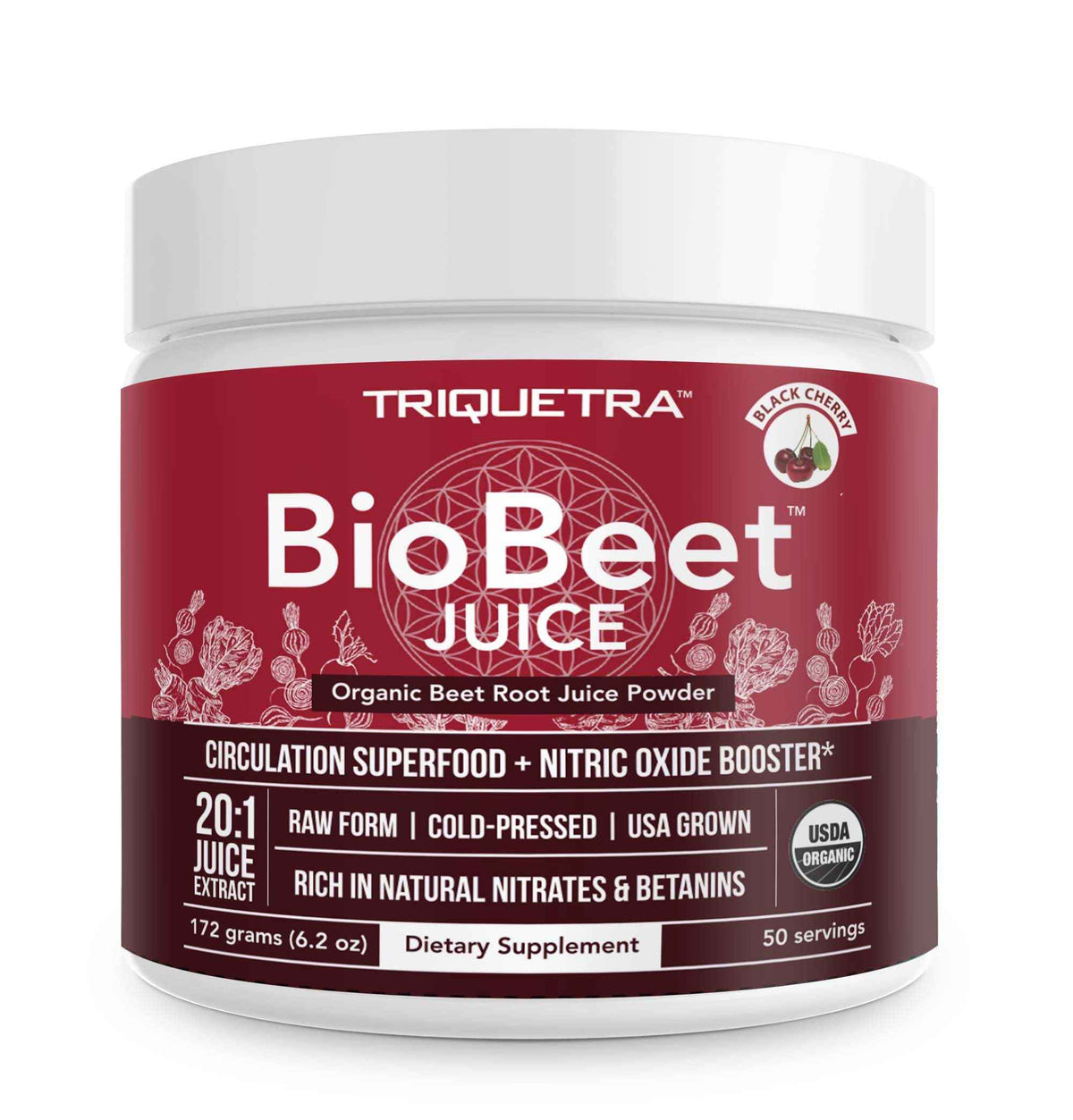 BioBeet Max Strength Beet Root Juice Powder - 20:1 Concentrate, Each Serving Derived from 60,000 mg Organic Beetroot - Cold-Pressed, USA Grown - Nitric Oxide, Circulation Support - 50 Servings
