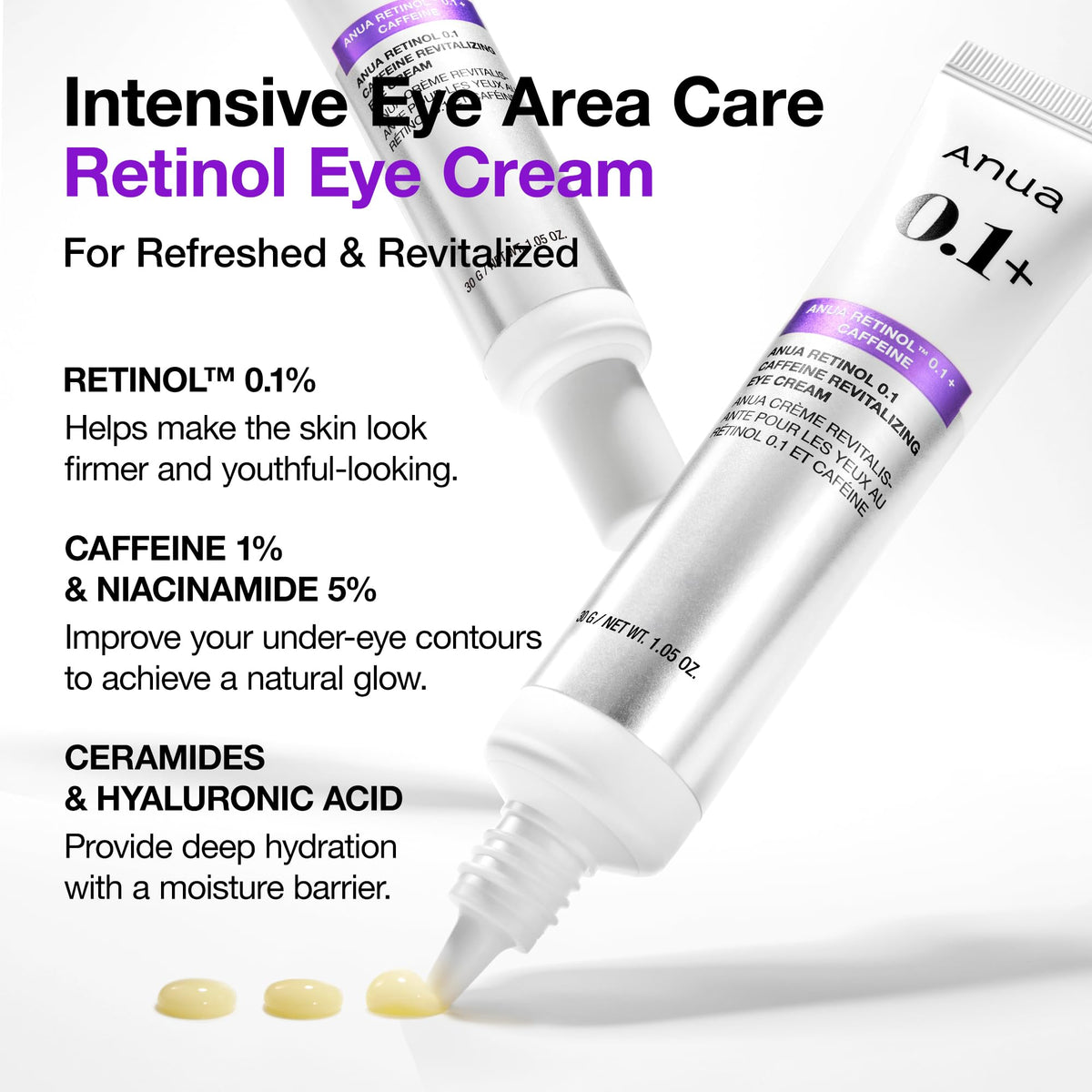 Anua Retinol 0.1 Caffeine Revitalizing Eye Cream – Hydrating Eye Cream for Dark Circles & Puffiness, Korean Skincare (1.05 fl oz)